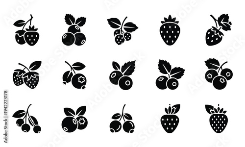 Set of fifteen black and white berry icons