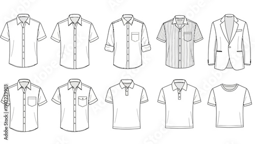 Vector illustration of men's shirts and a jacket, detailed technical fashion design sketches for various apparel styles, offering editable garment templates