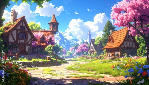 An anime-style, colorful village nestled among lush green, flowering trees, and a mountain range