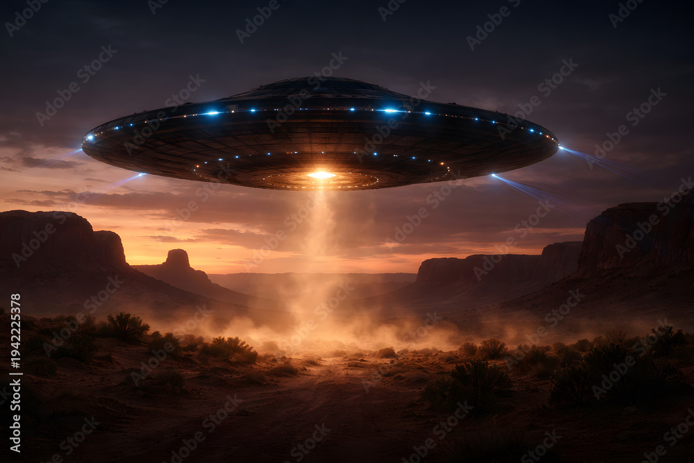 Naklejka premium Large UFO Hovering Over a Desert Canyon at Sunset