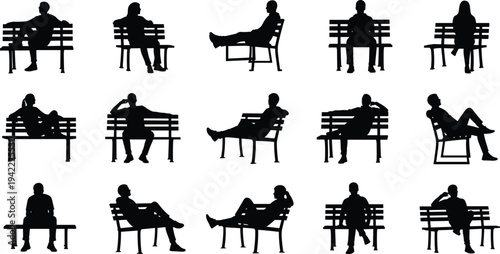 People sitting on park bench silhouettes set, men and women relaxing poses, outdoor leisure human figures vector illustration