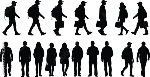 People walking silhouette collection, diverse men and women characters with bags and backpacks, standing and walking human figures vector set
