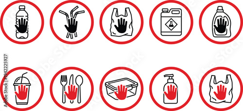 Stop single use plastic icons set, no disposable bottles bags straws containers environmental protection warning symbols