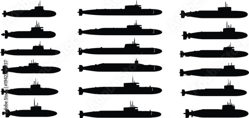 Submarine silhouettes collection, military naval underwater vessels set, navy warship submarine vector illustration isolated on white background