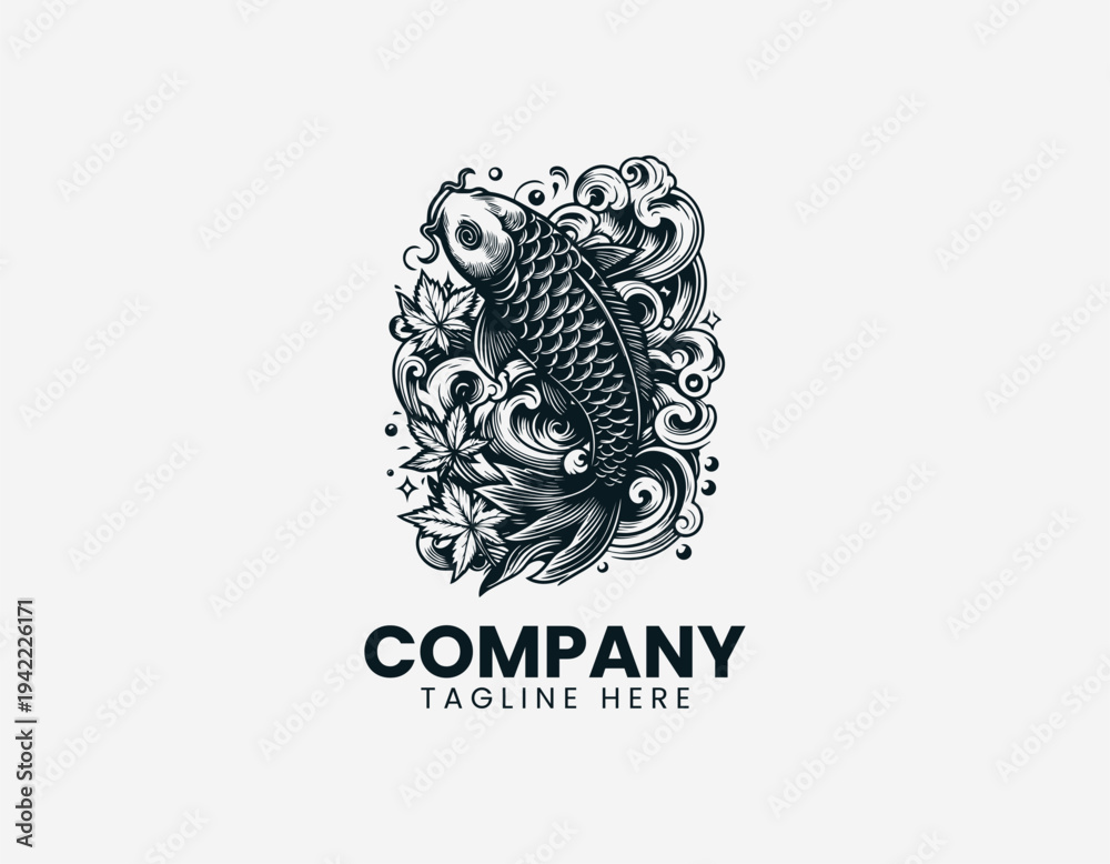 Fototapeta premium Koi fish with waves and maple leaves black vector logo illustration isolated on white background