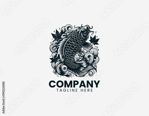 Koi fish with waves and maple leaves black vector logo illustration isolated on white background