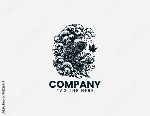 Koi fish with waves and maple leaves black vector logo illustration isolated on white background