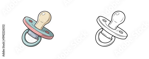 Cartoon baby pacifier illustration in flat colored and linear styles with soft nipple and ring used for infant soothing equipment isolated on white background