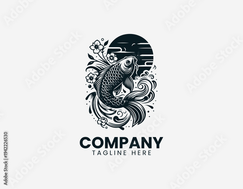 Koi fish with cherry blossoms and rising sun black vector logo illustration isolated on white background