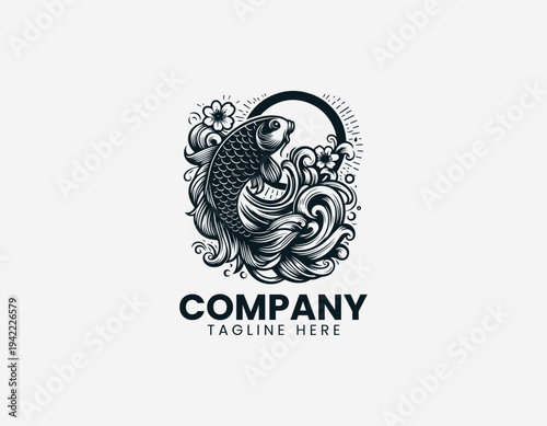 Koi fish with cherry blossoms and rising sun black vector logo illustration isolated on white background