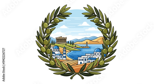 Illustration of a historic Greek landscape with a bird flying over a town, surrounded by a laurel wreath and the Greek flag, on a clean white background, conveying a sense of independence