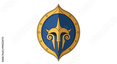 Illustration of a blue and gold emblem featuring a stylized design with a star and curved lines, set against a white background.