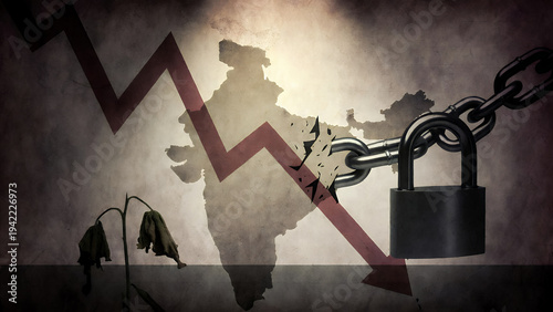 India's economy faces decline with a chained padlock and dying plants.