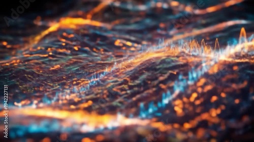 Wavy landscape with blue spires shimmering orange light