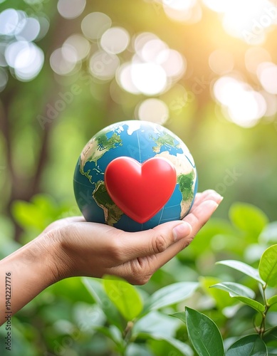 A hand holds a globe with a red heart, symbolizing environmental care.  Blurred natural background