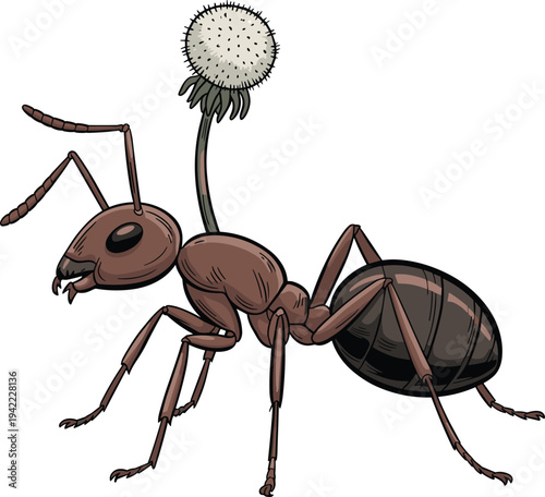 Detailed illustration of ant infected by parasitic fungus with spore stalk, biological concept art showing nature, parasitism, behavioral manipulation, and insect life cycle phenomenon