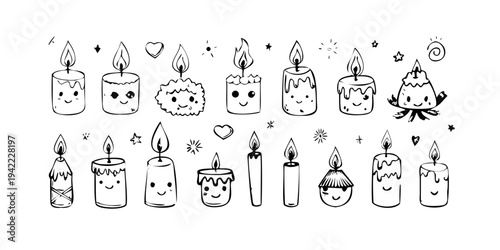 Cute kawaii candle character emoji set, glowing doodle cartoon icons, Neon cute candle emoticon collection, hand drawn funny fire character stickers.