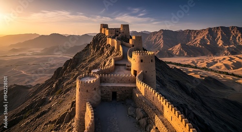 Ancient Desert Fortress with High Stone Walls and Watchtowers on a Rocky Mountain Ridge at Sunset