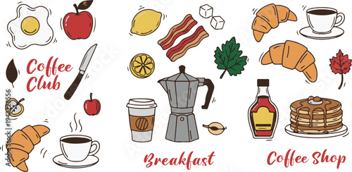 Breakfast Food and Coffee Kitchen Coffee Club Poster, Doodle Cartoon Collection