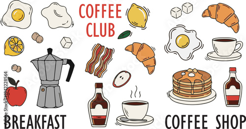 Breakfast Food and Coffee Kitchen Coffee Club Poster, Doodle Cartoon Collection