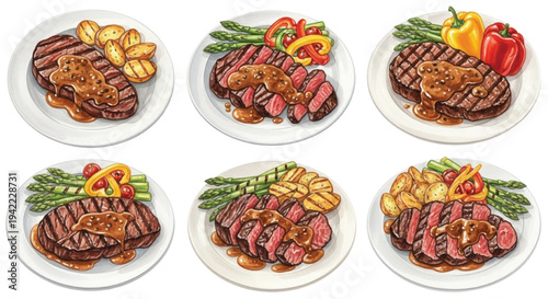 Watercolor Grilled Steak Dinner Plates Set with Vegetables and Potatoes Isolated Food Illustration Collection