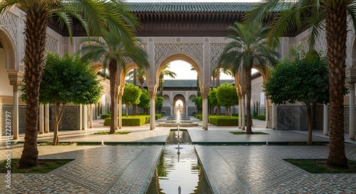 Luxurious Moroccan Style Courtyard with Islamic Arches Water Fountain and Lush Palm Trees