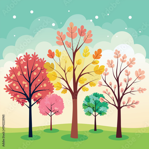 Four Seasons Art Trees Spring, Summer, Autumn, Winter Nature Panorama.