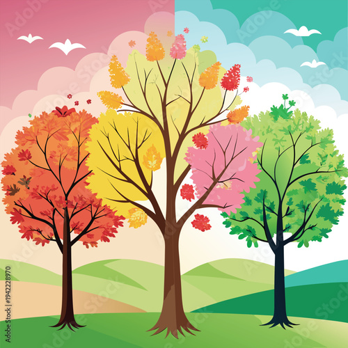 Four Seasons Art Trees Spring, Summer, Autumn, Winter Nature Panorama.