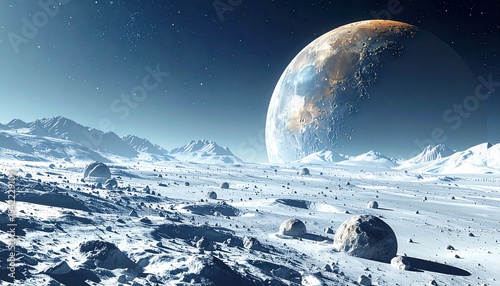 A majestic planet illuminates a vast, frozen alien landscape of snow-capped mountains and icy plains under a deep, cosmic sky, creating an awe-inspiring extraterrestrial scene