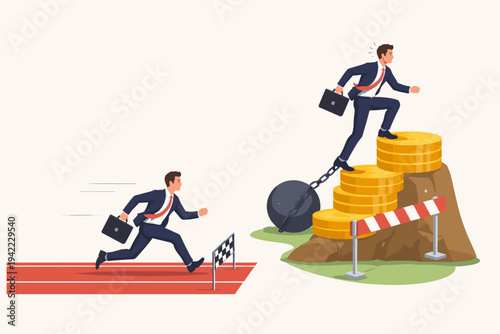 Businessmen Competing in Unequal Conditions Vector Illustration: One Man Running on a Smooth Track While Another Struggles to Climb a Mountain of Coins with a Ball and Chain and Obstacles.