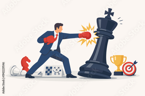 Businessman in suit wearing red boxing gloves punching giant black chess king piece, business strategy and competition concept, leadership skill to win rivalry battle, success and achievement.