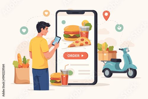 Man using mobile application to order food online vector illustration, featuring large smartphone screen with burger, pizza, and drink, plus delivery scooter and fresh grocery bags.