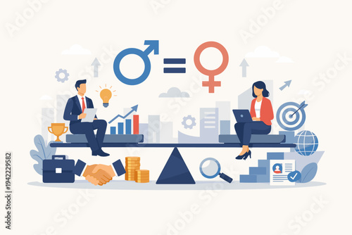 Gender Equality and Equal Opportunities in Corporate Business Concept. Man and Woman Balanced on a Scale with Symbols of Success, Career Growth, Diversity, and Inclusion. Flat Vector Illustration.