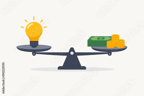 Balanced Scale with a Glowing Light Bulb and Money Representing the Value of an Idea, Business Innovation, Investment, and Financial Success in a Simple Flat Vector Illustration on White.