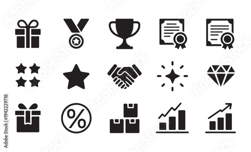 Rewards and loyalty program vector icon set with multiple stars, certificates, and growing chart