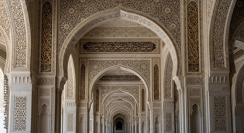 Majestic Corridor of a Grand Mosque with Intricate Islamic Archways and Ornate Stone Carvings