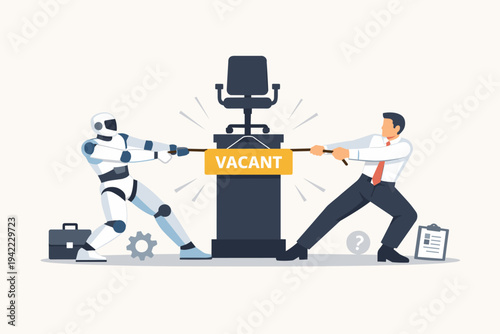 Human vs Robot Competition for Job Vacancy Concept. Businessman and AI Android Playing Tug of War for an Office Chair. Automation Replacing Human Labor, Career Struggle, and Future of Work.