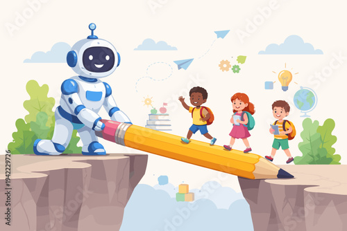 Friendly robot holding a giant pencil bridge for diverse primary school children to cross a chasm, symbolizing artificial intelligence in education, future learning technology, and innovation.