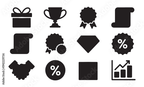 Rewards and loyalty program modern icon set with gift, trophy, rosette, diamond and handshake