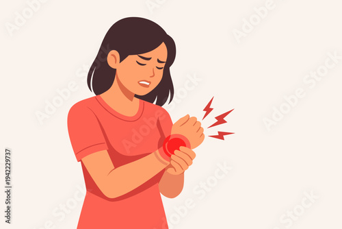Woman Suffering from Wrist Pain and Inflammation, Concept of Carpal Tunnel Syndrome, Arthritis, Joint Injury, Tendonitis, or Sprain, Flat Vector Illustration of Female Character in Physical Pain