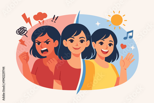 Vector Illustration of a Woman Experiencing Mood Swings and Bipolar Disorder, Expressing Intense Anger, Neutrality, and Joyful Happiness, Concept of Mental Health and Emotional Instability
