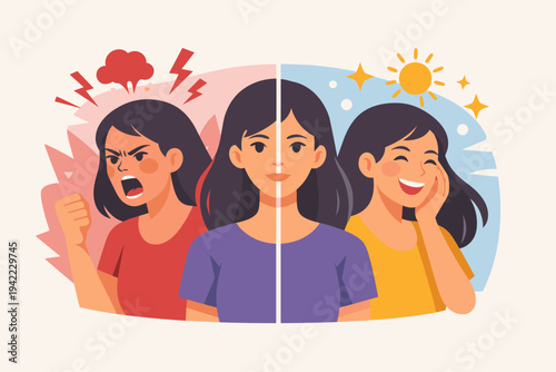 Vector Illustration of a Woman Experiencing Mood Swings and Bipolar Disorder Symptoms, Expressing Intense Anger and Joyful Happiness, Concept of Mental Health and Emotional Regulation Balance