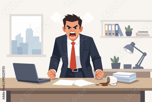 Angry Businessman Shouting in Office with Steam Coming from Ears, Stressed Manager Clenching Fists at Desk with Spilled Coffee and Laptop, Flat Vector Illustration of Work Stress and Burnout