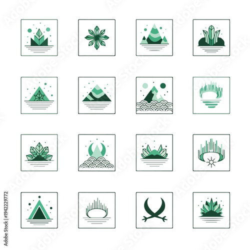 Flat lay of various greenland travel icons in white squares on a clean white background