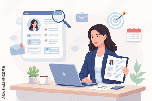 Flat Vector Illustration of a Professional Businesswoman Reviewing Job Applications and Resumes at Her Desk with Laptop, Magnifying Glass, Target, and Calendar Icons for Recruitment Concept.