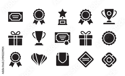Award and gift icon set. collection of certificate, prize, and ribbon glyph style symbols