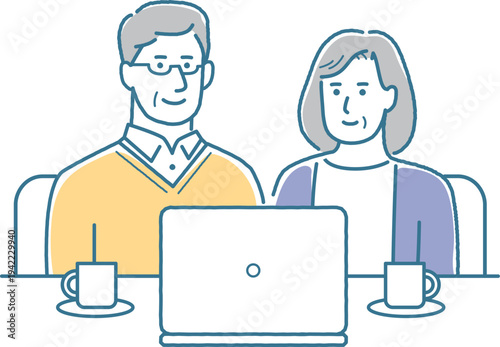 高齢夫婦がパソコンを見ているイラスト