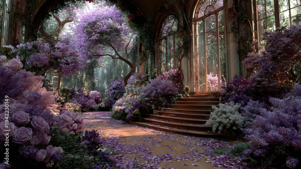 Fototapeta premium Spring season, garden, flower, fresh, life. A grand, fantasythemed room filled with lush, purple flowers, cascading petals on the floor, and tall trees in the background.