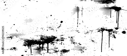 Black and White Grunge Texture with Ink Splatters Halftone and Paint Drips