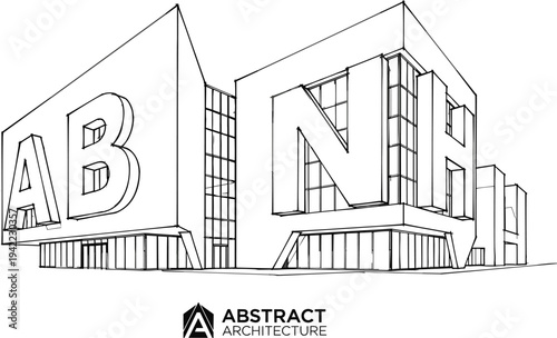 Artistic architectural perspective of a contemporary corporate complex featuring integrated 3D typography facades, a glass connecting atrium, and modern angular geometry.